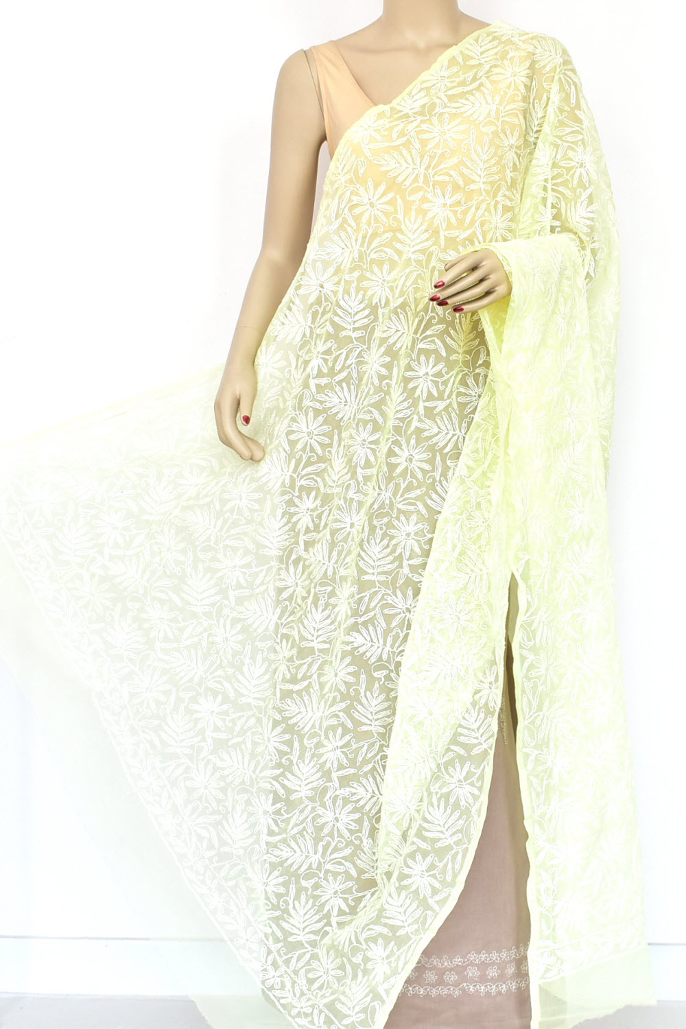 Light Yellow Allover Hand Embroidered Tepchi Work Lucknowi Chikankari Georgette Dupatta 225 MR 18096