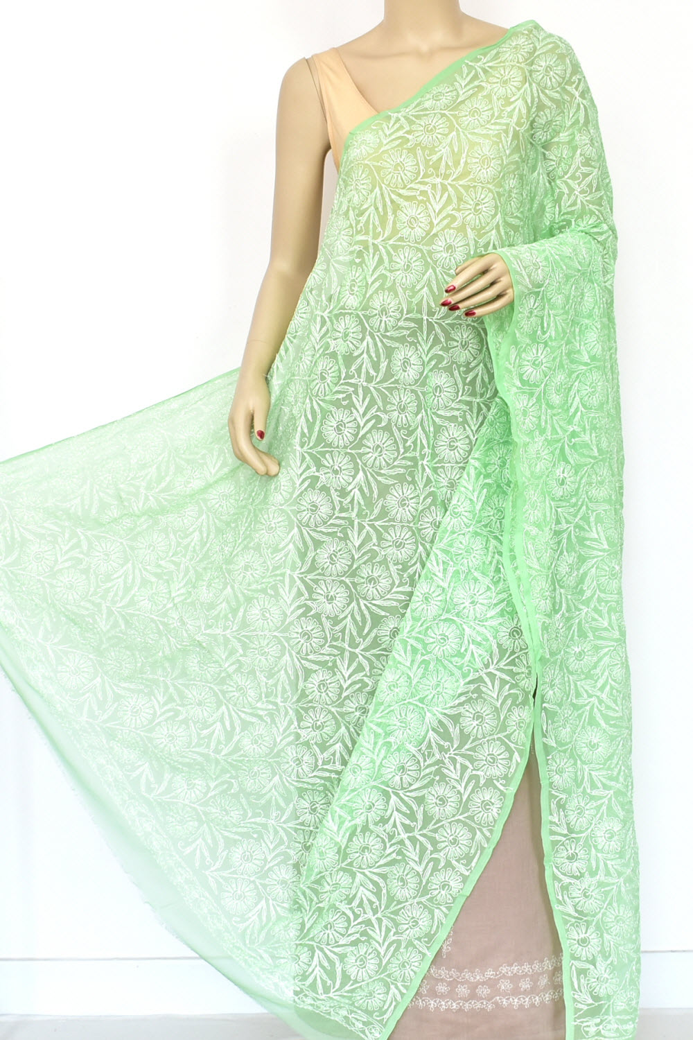 Light Green Allover Hand Embroidered Tepchi Work Lucknowi Chikankari Georgette Dupatta 240 MR 18097