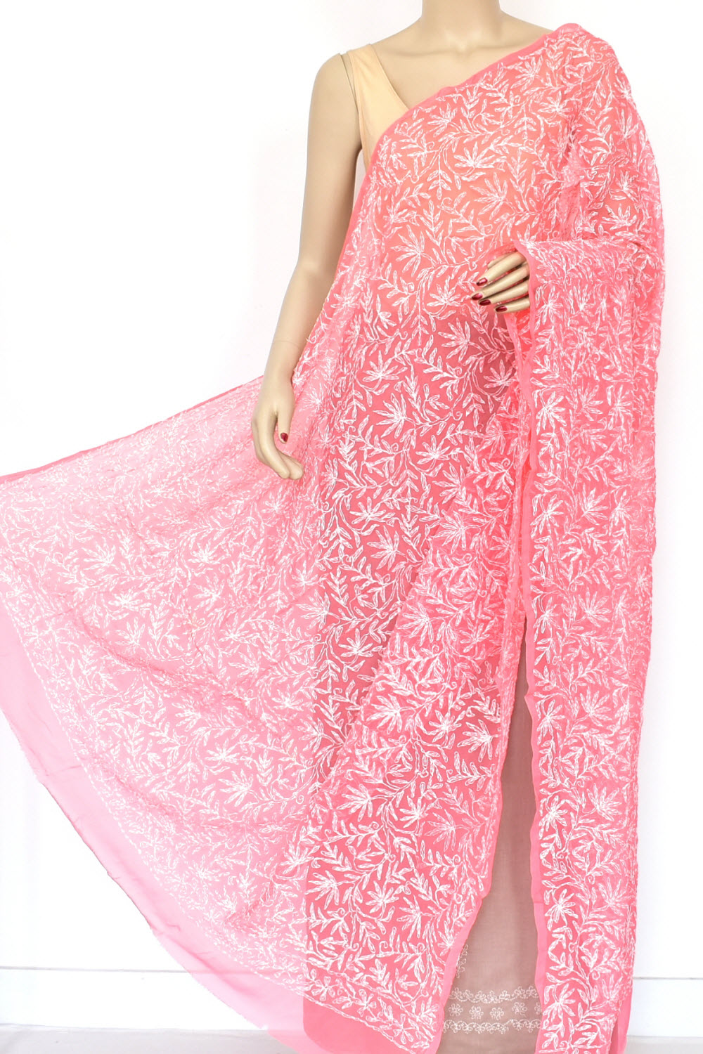 Peach Allover Hand Embroidered Tepchi Work Lucknowi Chikankari Georgette Dupatta 240 MR 18099