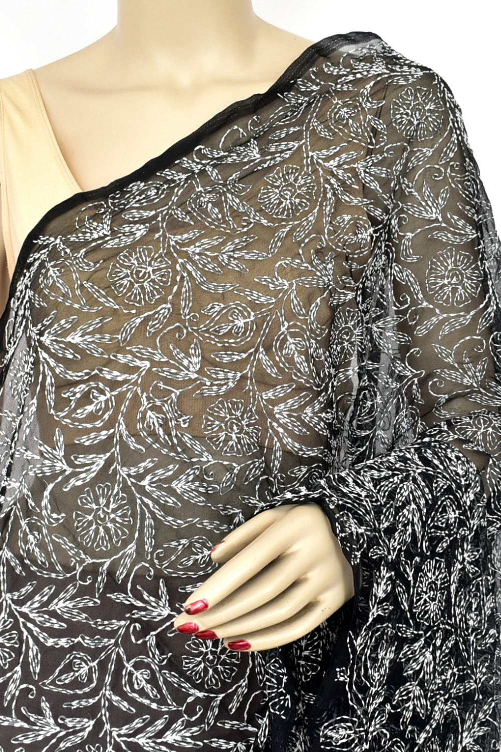 Black Allover Hand Embroidered Tepchi Work Lucknowi Chikankari Georgette Dupatta 240 MR 18100