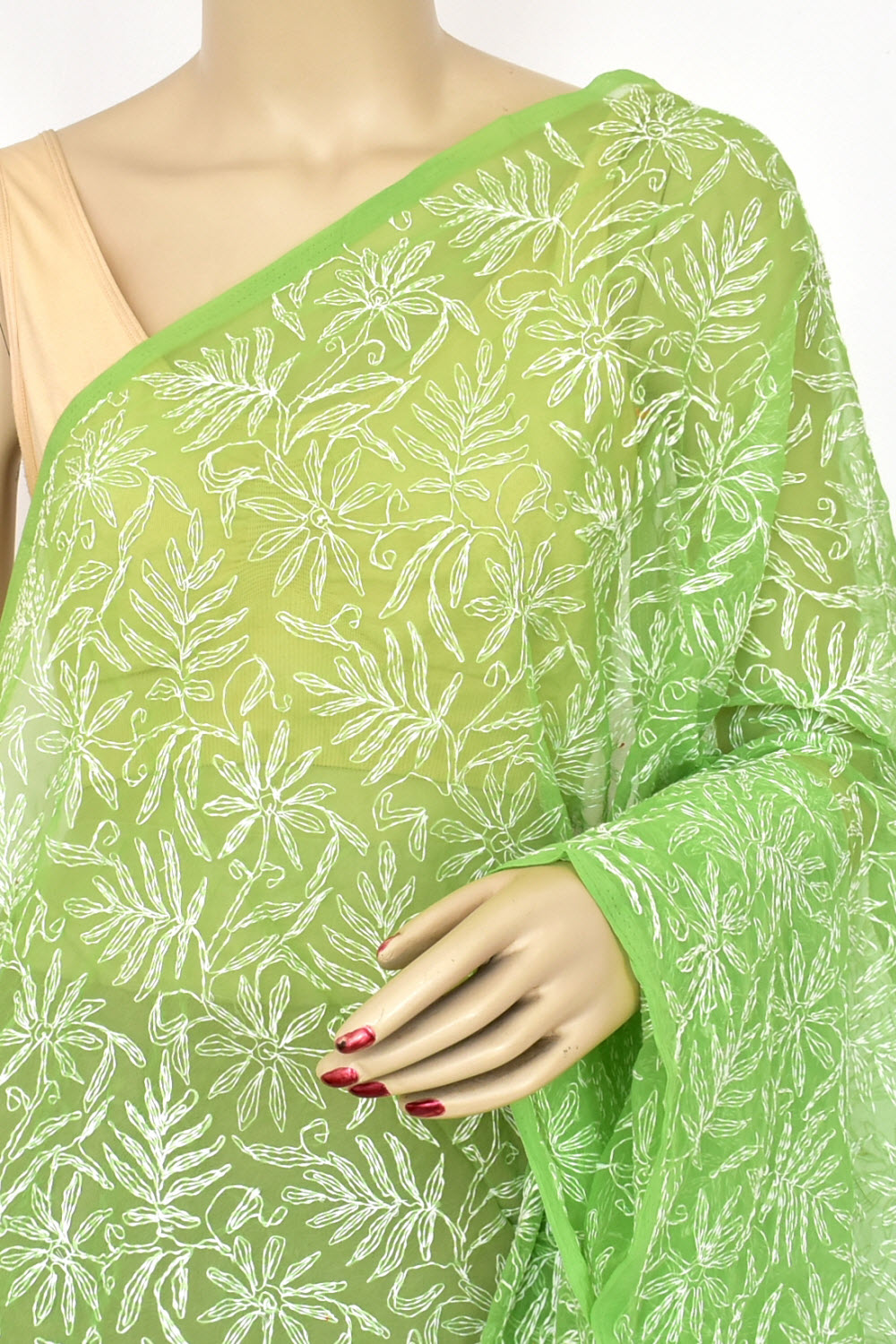 Mehandi Green Allover Hand Embroidered Tepchi Work Lucknowi Chikankari Georgette Dupatta 240 MR 18101