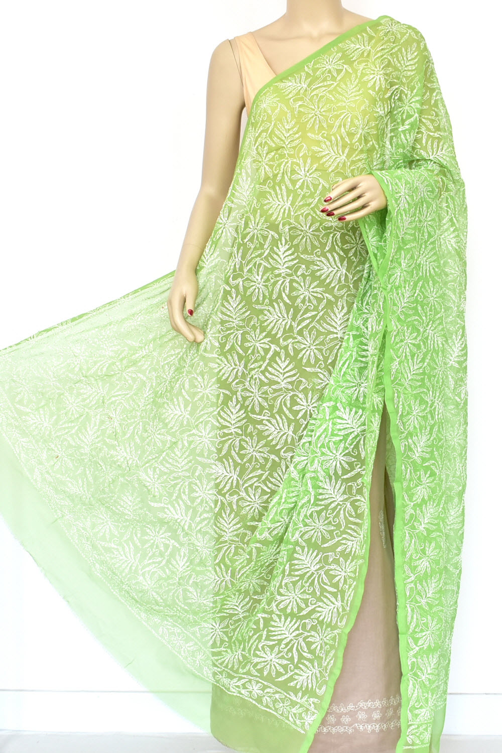 Mehandi Green Allover Hand Embroidered Tepchi Work Lucknowi Chikankari Georgette Dupatta 240 MR 18101