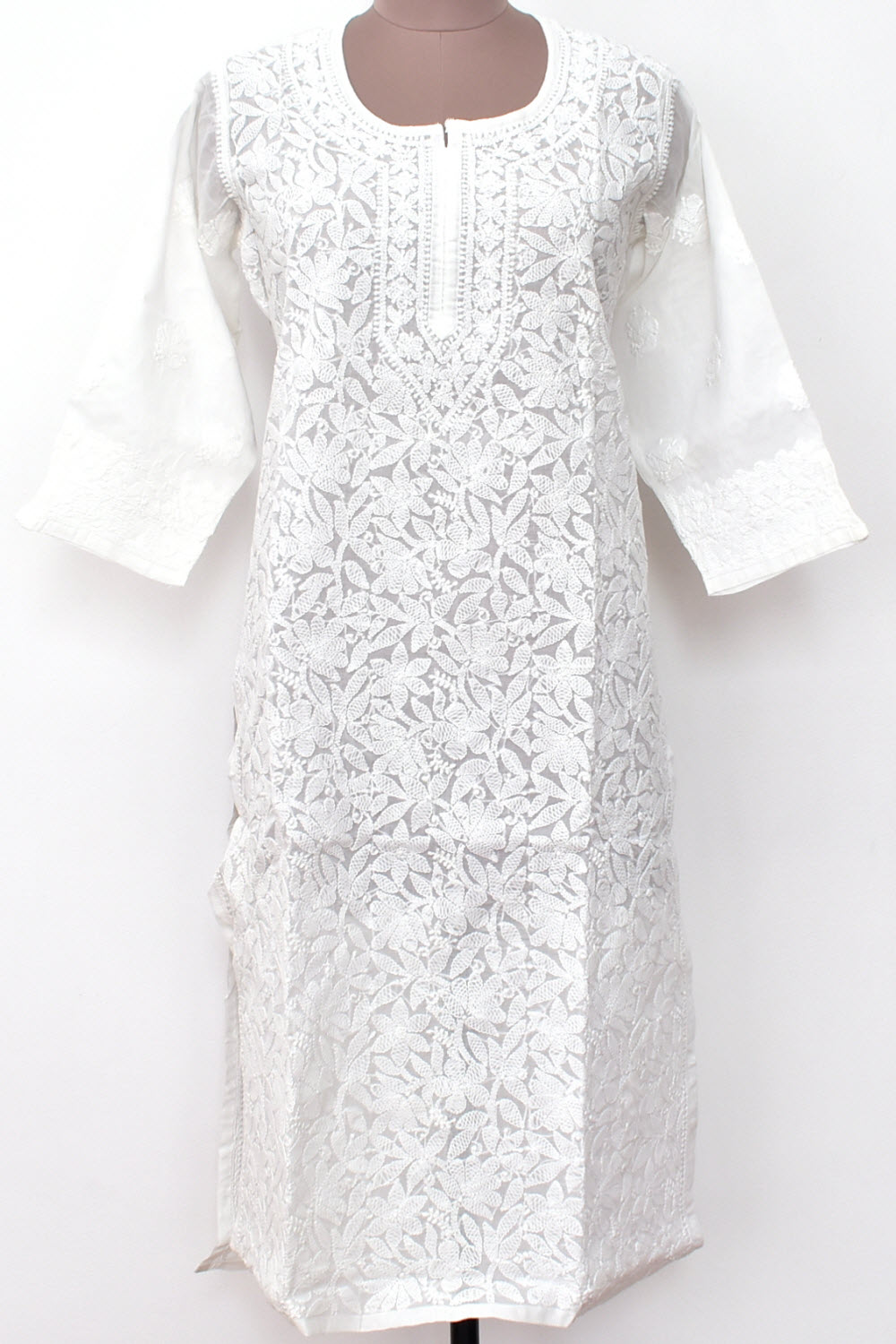 L 42 White Chikankari Hand Embroidered Stitched Kurti 18102