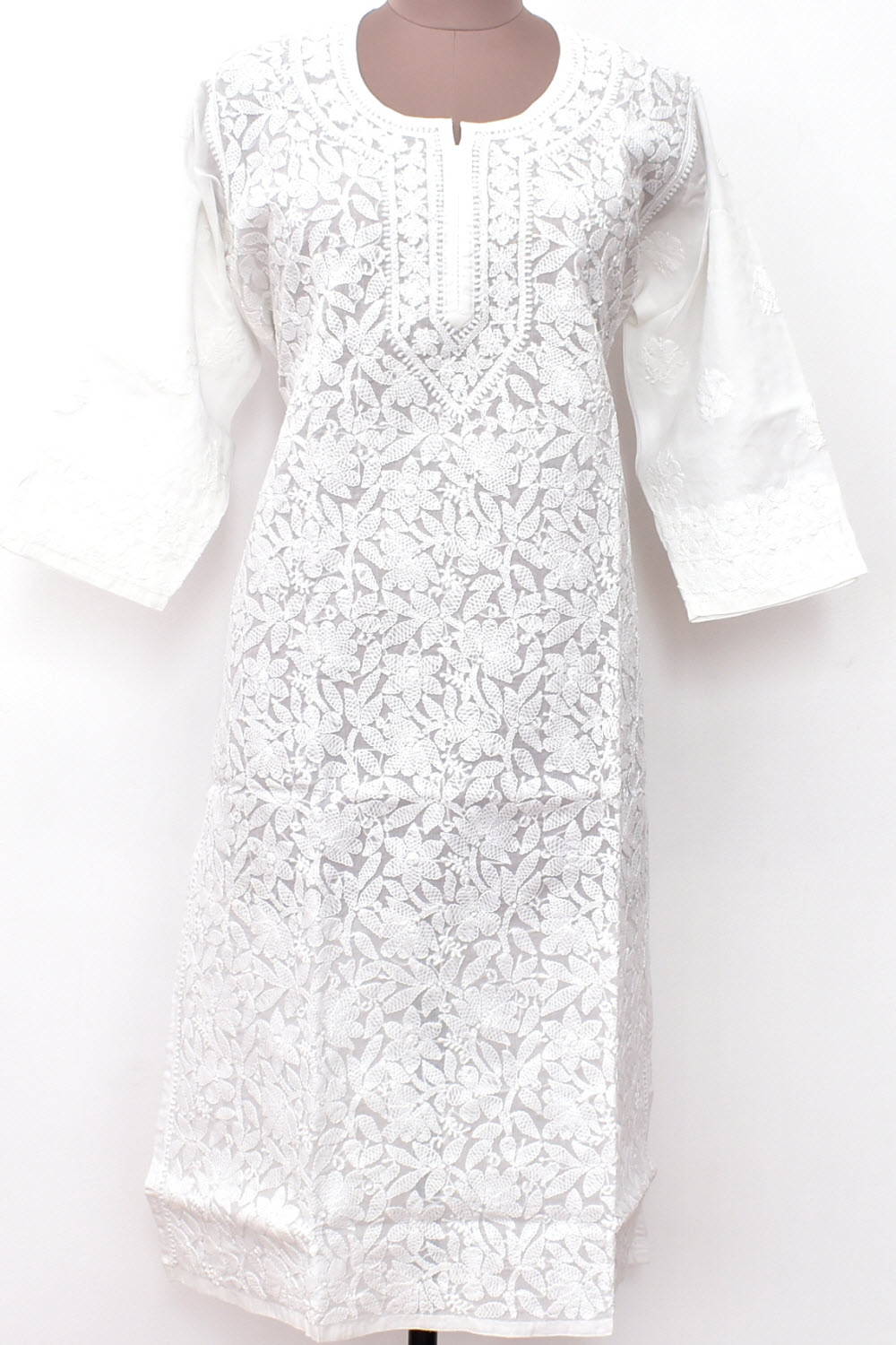XL 44 White Chikankari Hand Embroidered Stitched Kurti 18103