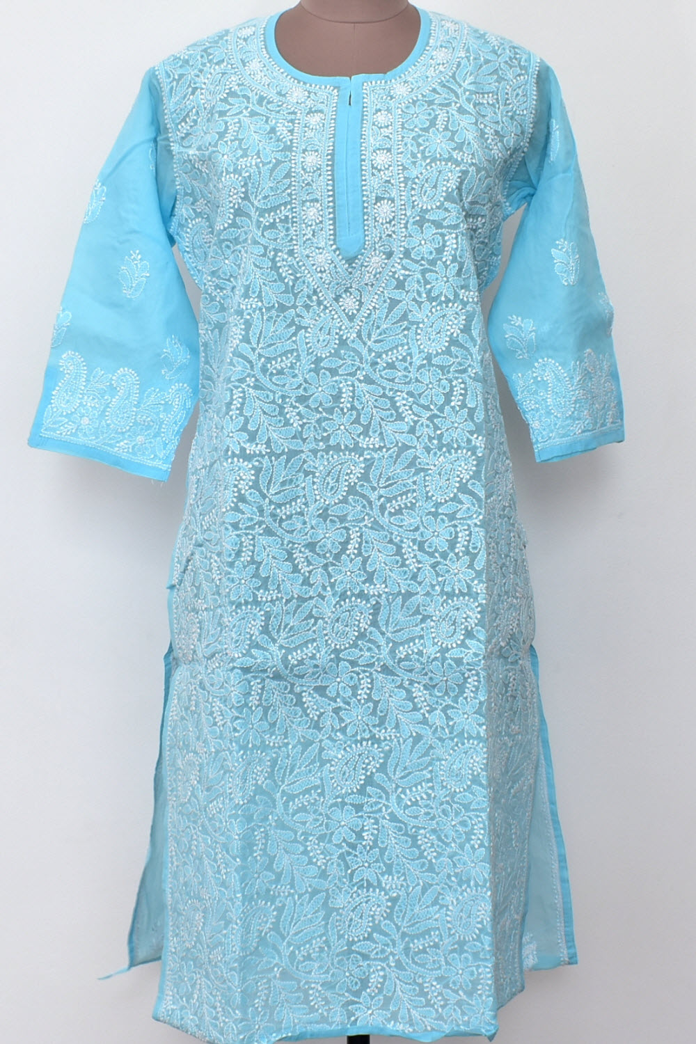 XL 44 Sky Blue Chikankari Hand Embroidered Stitched Kurti 18105