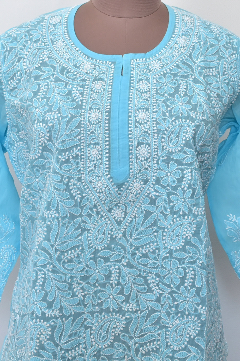 XL 44 Sky Blue Chikankari Hand Embroidered Stitched Kurti 18105