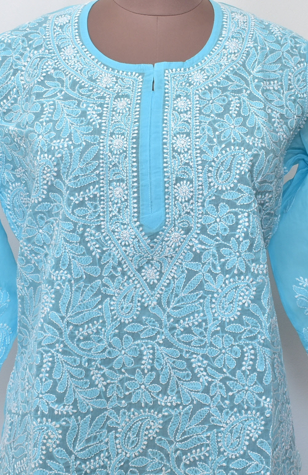 XL 44 Sky Blue Chikankari Hand Embroidered Stitched Kurti 18105