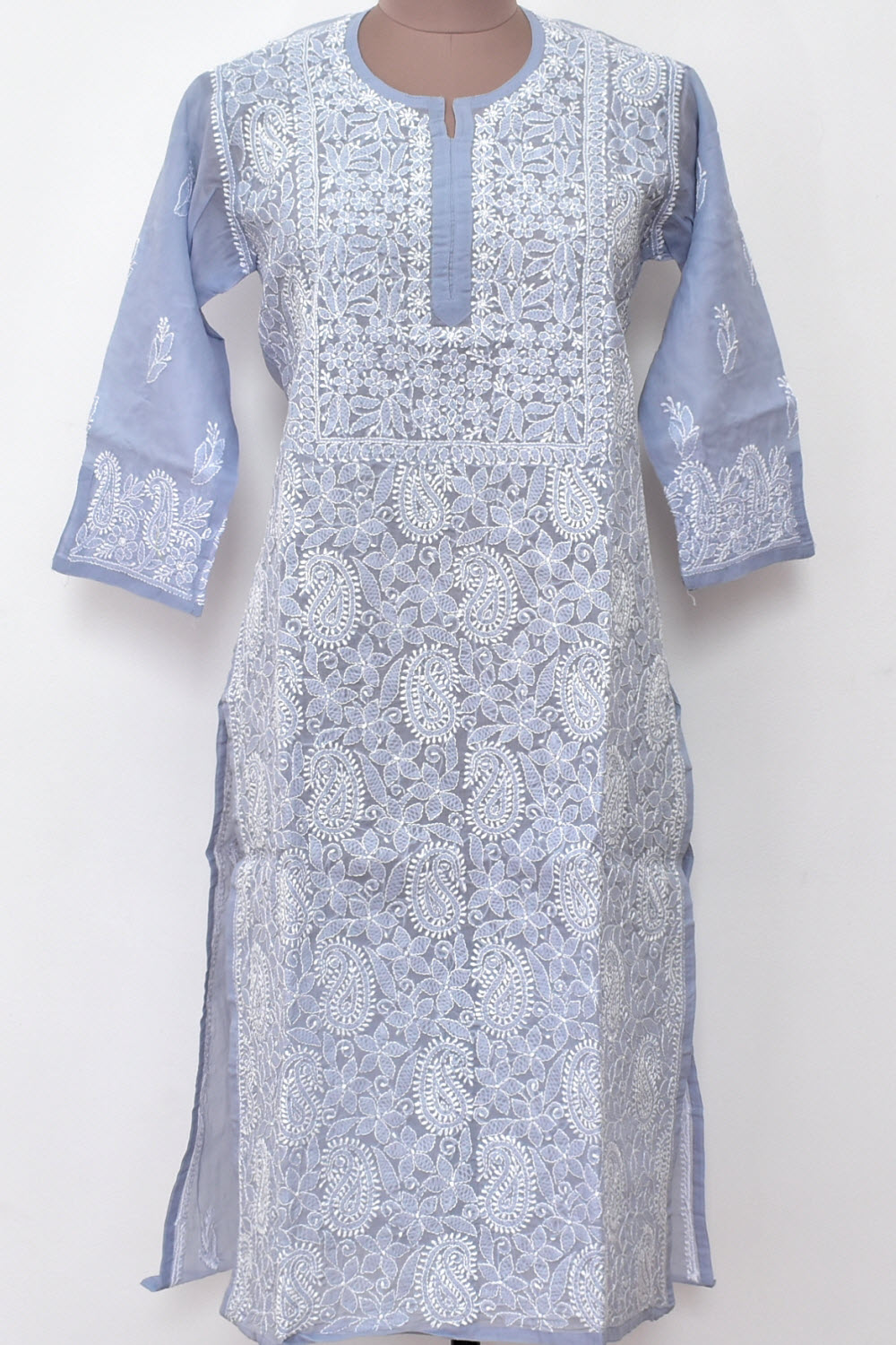 XL 44 Grey Chikankari Hand Embroidered Stitched Kurti 18106