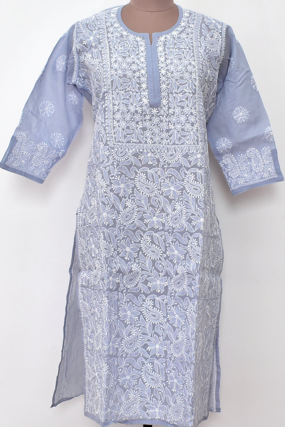 M 40 Grey Chikankari Hand Embroidered Stitched Kurti 18108