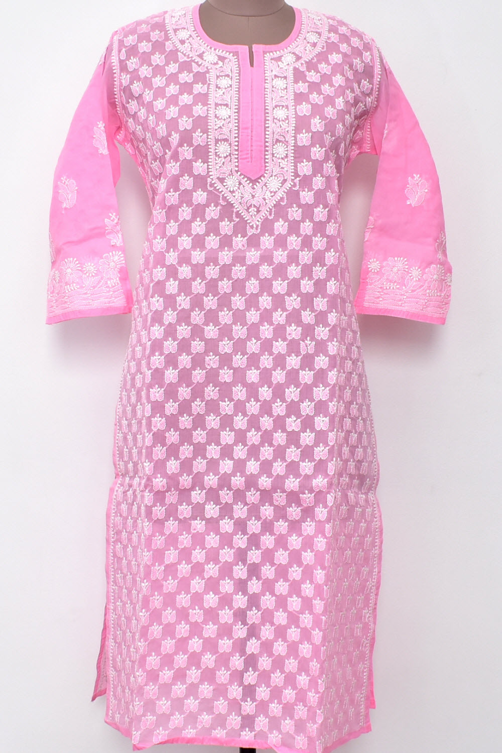 XL 44 Pink Allover Chikankari Stitched Cotton Kurti 18110