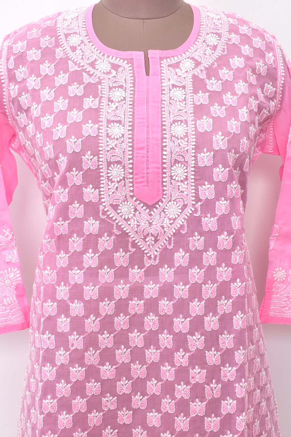 XL 44 Pink Allover Chikankari Stitched Cotton Kurti 18110