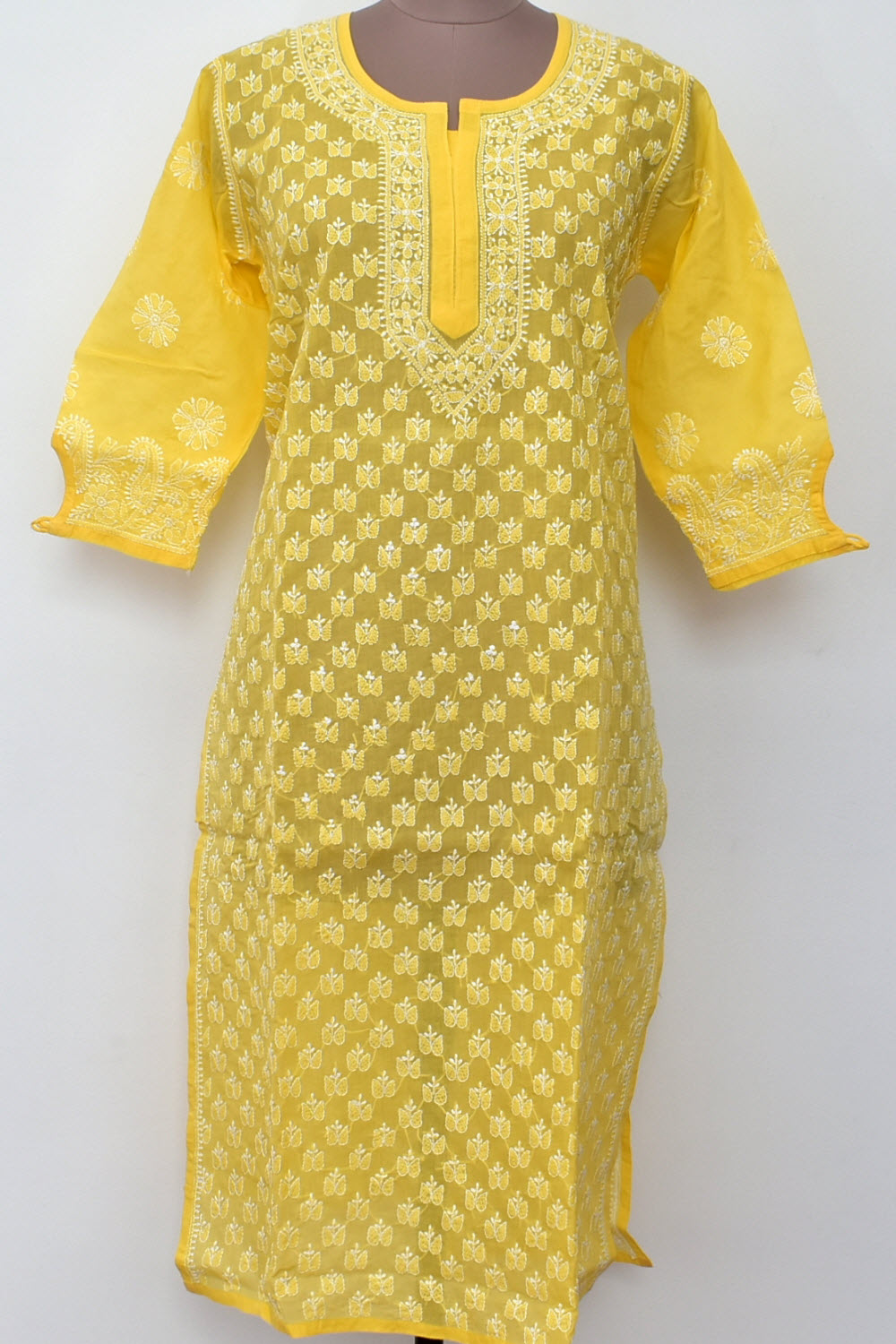 XL 44 Deep Yellow Allover Chikankari Stitched Cotton Kurti 18111