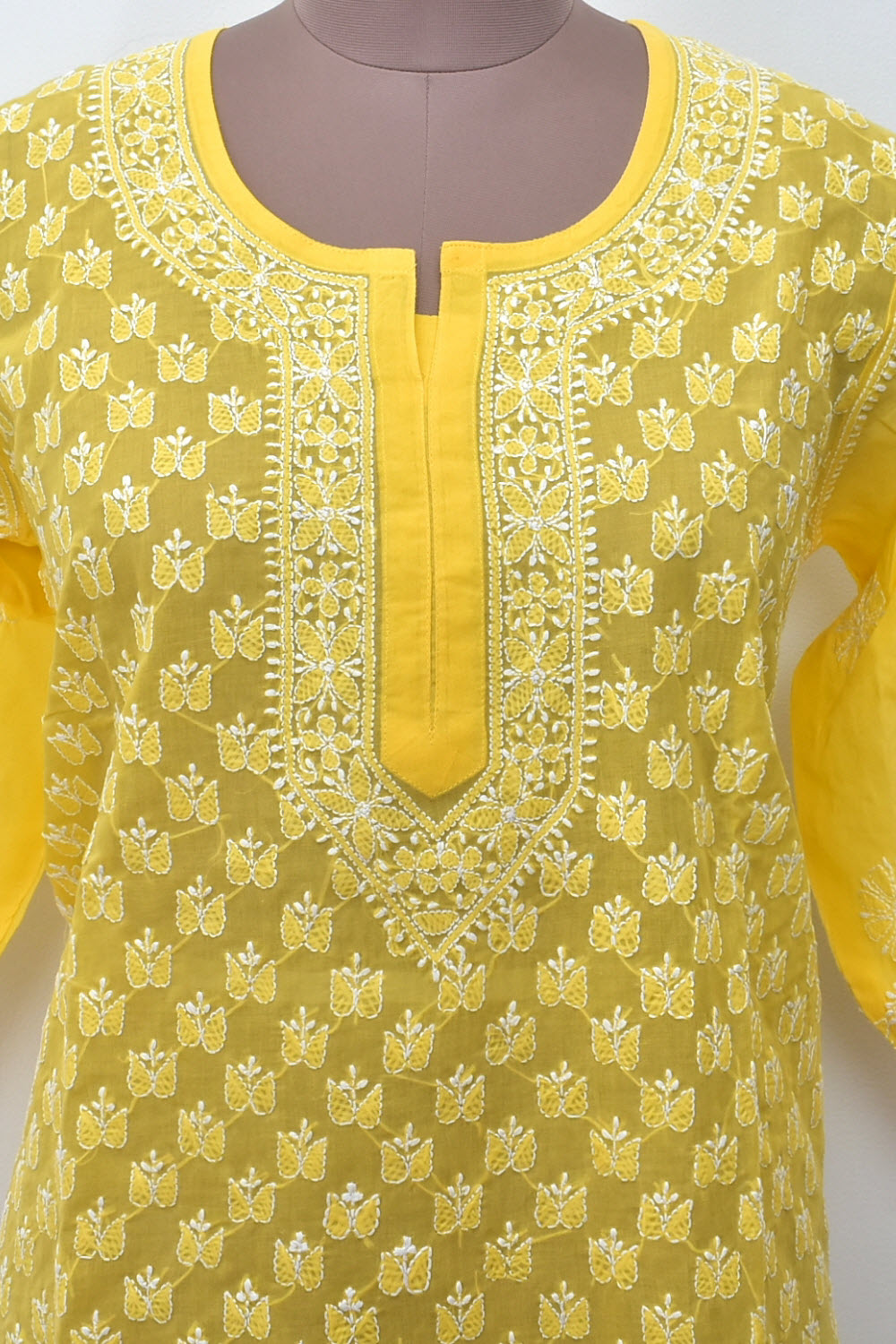 XL 44 Deep Yellow Allover Chikankari Stitched Cotton Kurti 18111