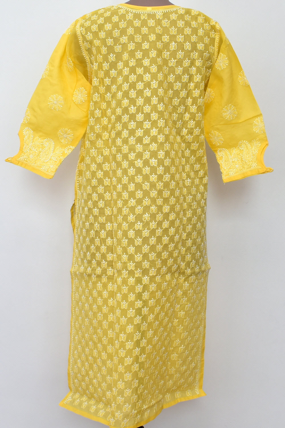 XL 44 Deep Yellow Allover Chikankari Stitched Cotton Kurti 18111