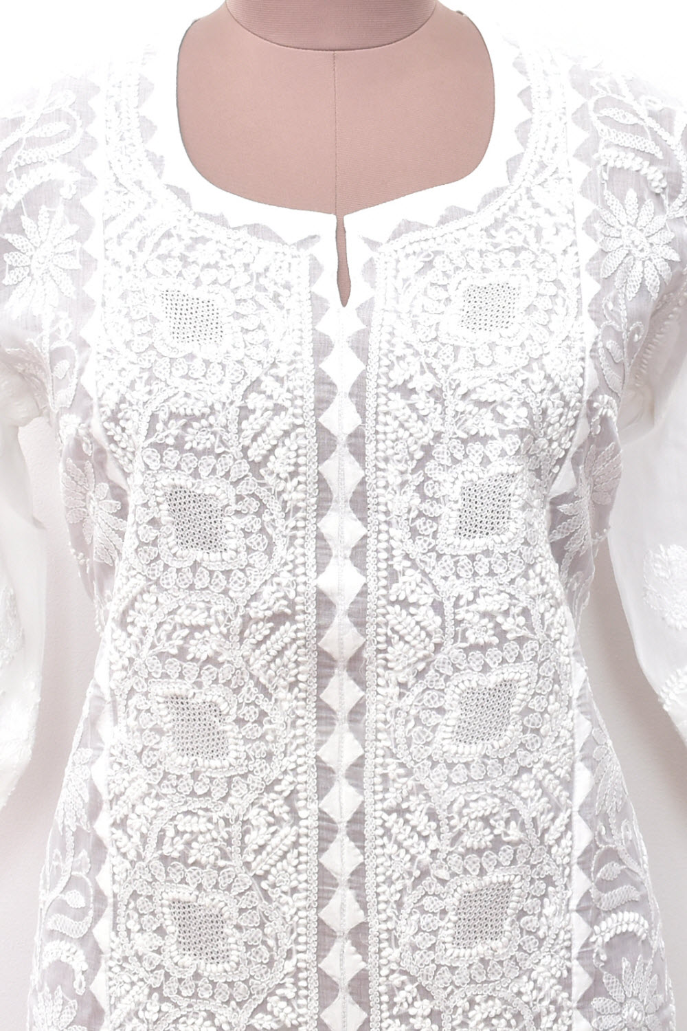 XL 44 White Chikankari Hand Embroidered Stitched Kurti Daraz Work Handmade Jaali Work 18113