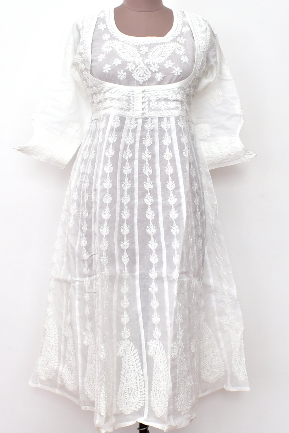XS 36 White Allover Hand Embroidered Chikankari Stitched Cotton Anarkali 18116
