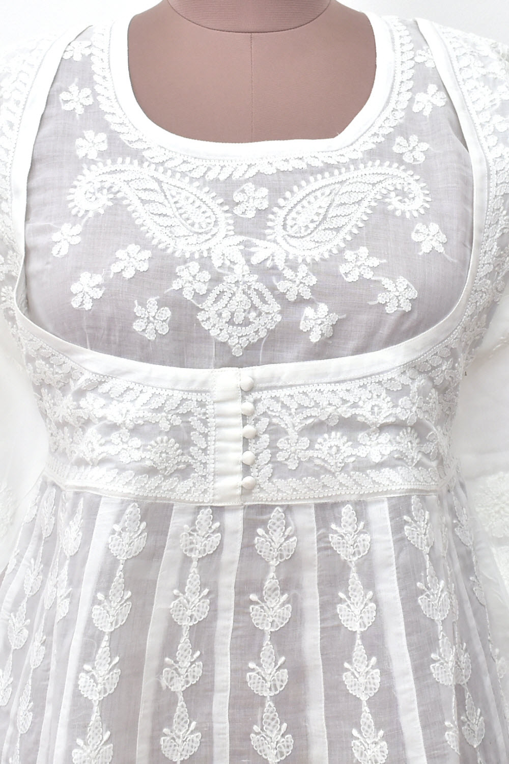 XS 36 White Allover Hand Embroidered Chikankari Stitched Cotton Anarkali 18116