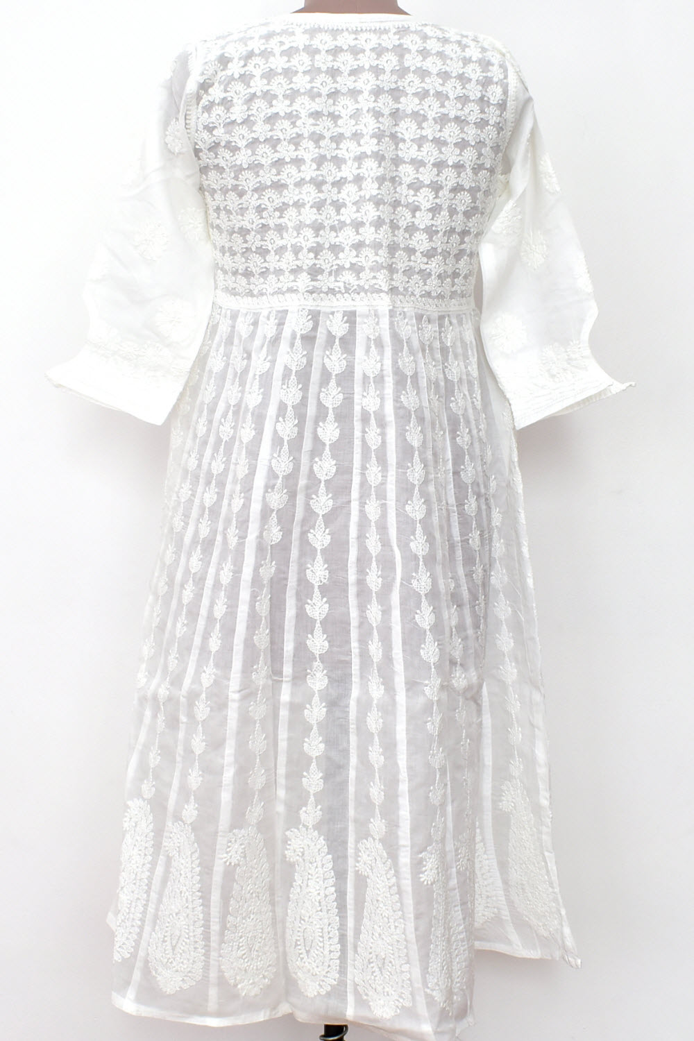 XS 36 White Allover Hand Embroidered Chikankari Stitched Cotton Anarkali 18116