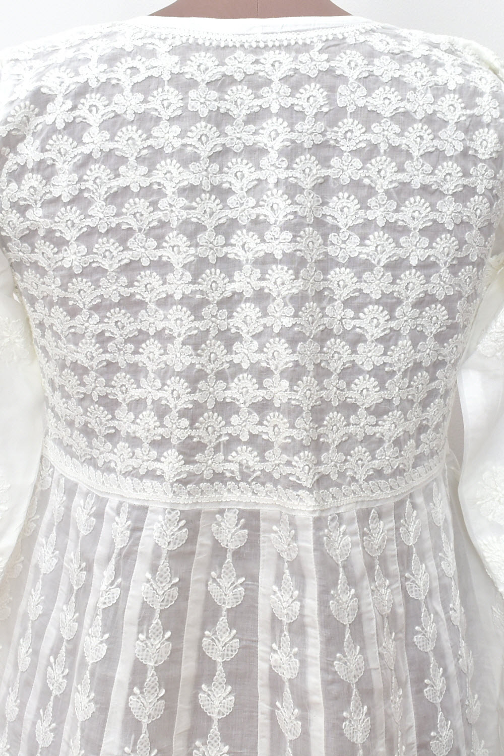 XS 36 White Allover Hand Embroidered Chikankari Stitched Cotton Anarkali 18116