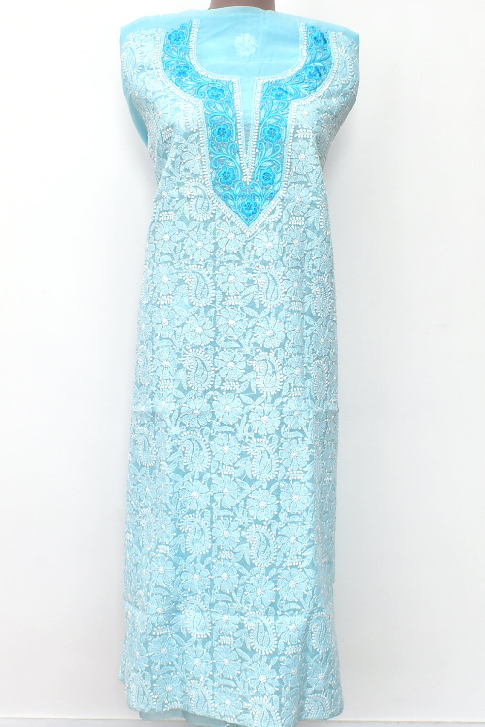 Sky Blue Chikankari Hand Embroidered Cotton Kurti Fabric 18117