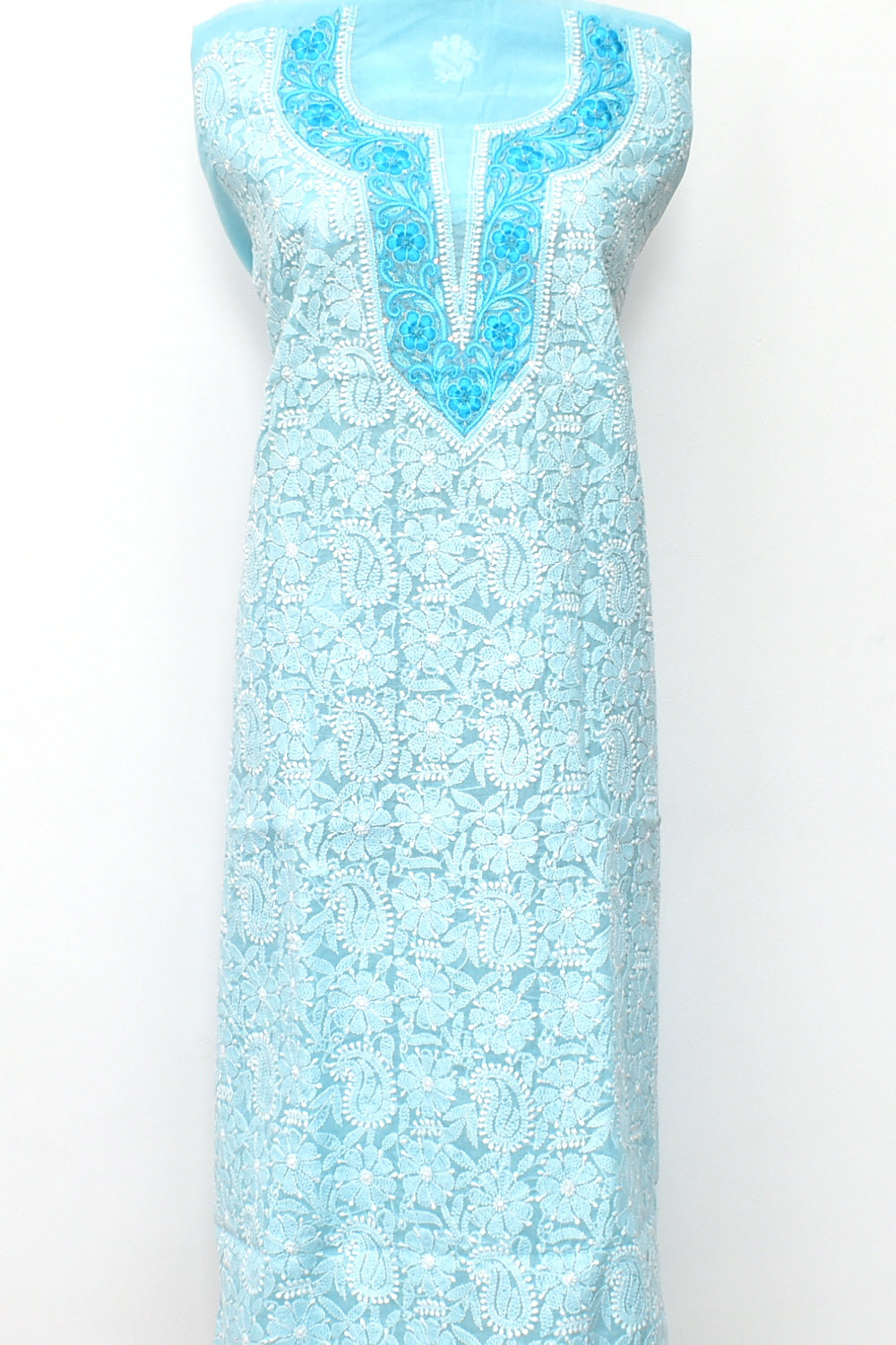 Sky Blue Chikankari Hand Embroidered Cotton Kurti Fabric 18117