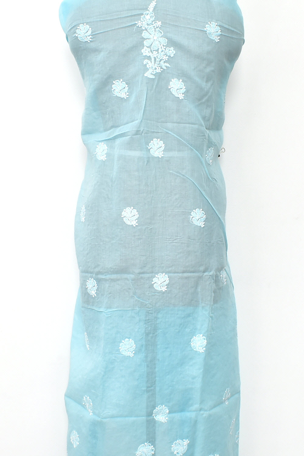 Sky Blue Chikankari Hand Embroidered Cotton Kurti Fabric 18117