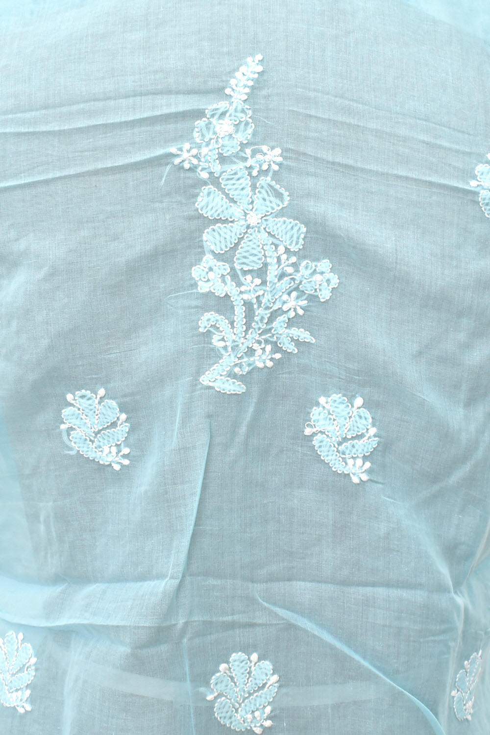 Sky Blue Chikankari Hand Embroidered Cotton Kurti Fabric 18117