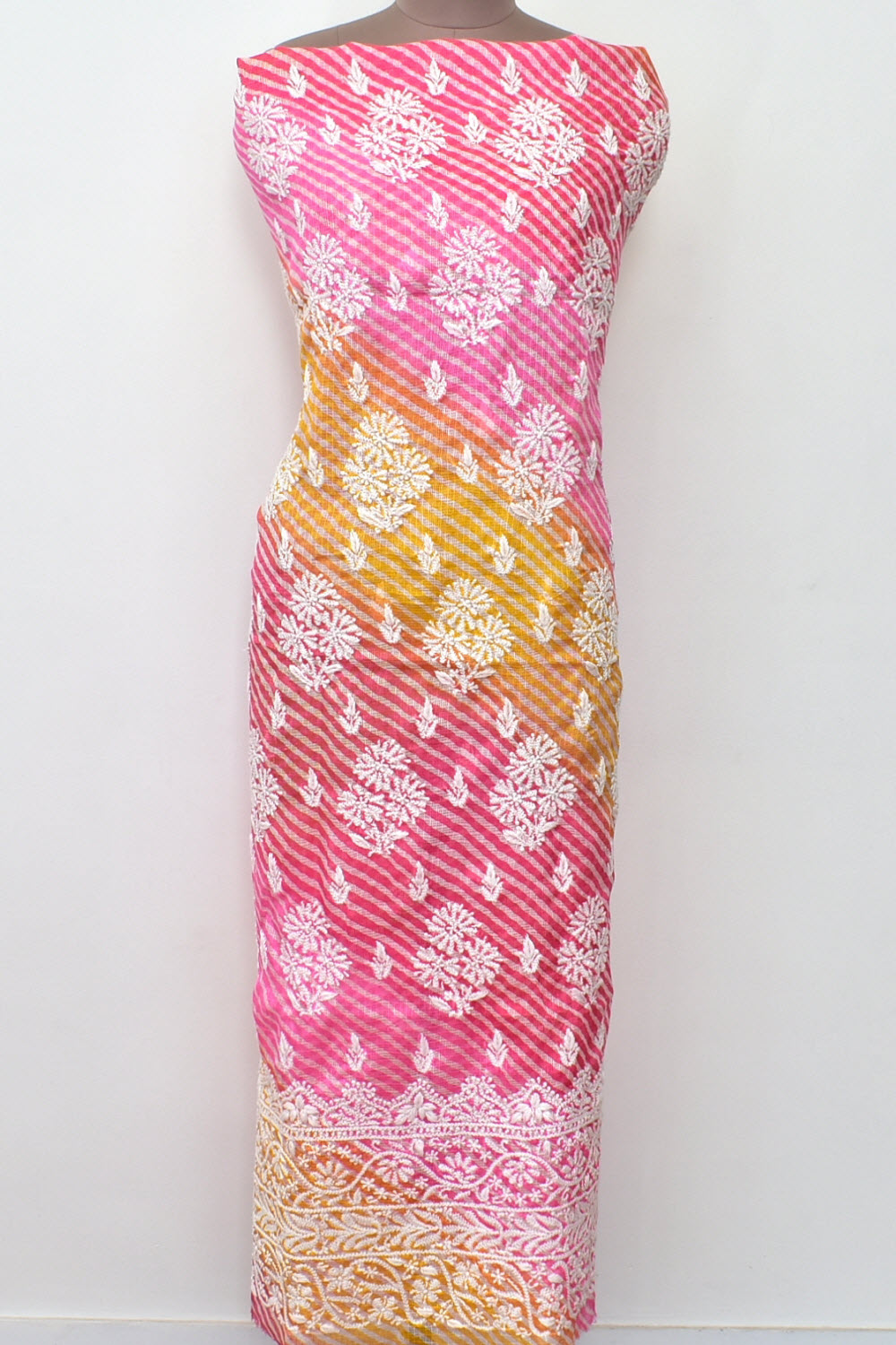 Pink-Yellow Lucknowi Chikankari Kota Cot-Silk Laharia Print Kurti Fabric 18120
