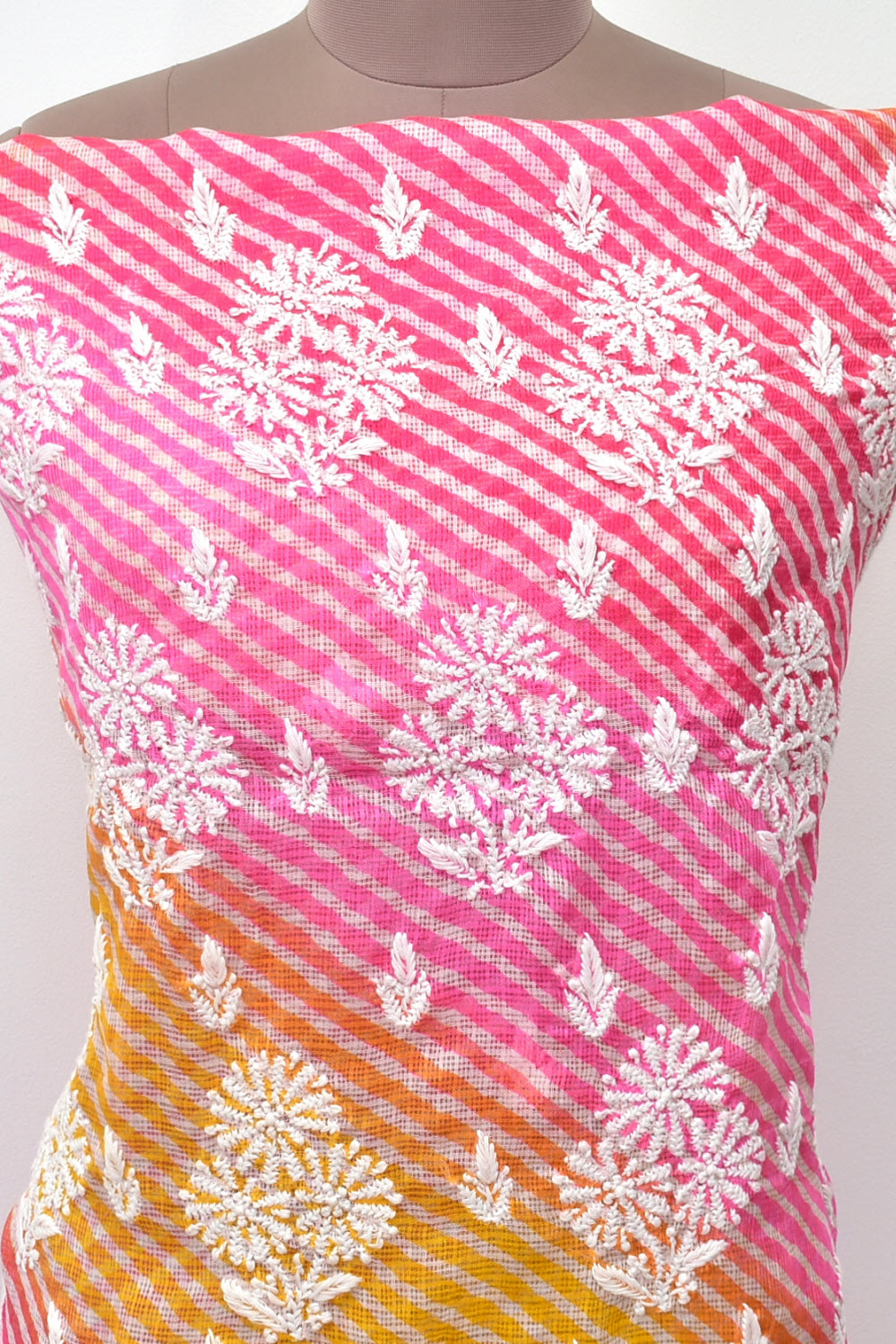 Pink-Yellow Lucknowi Chikankari Kota Cot-Silk Laharia Print Kurti Fabric 18120
