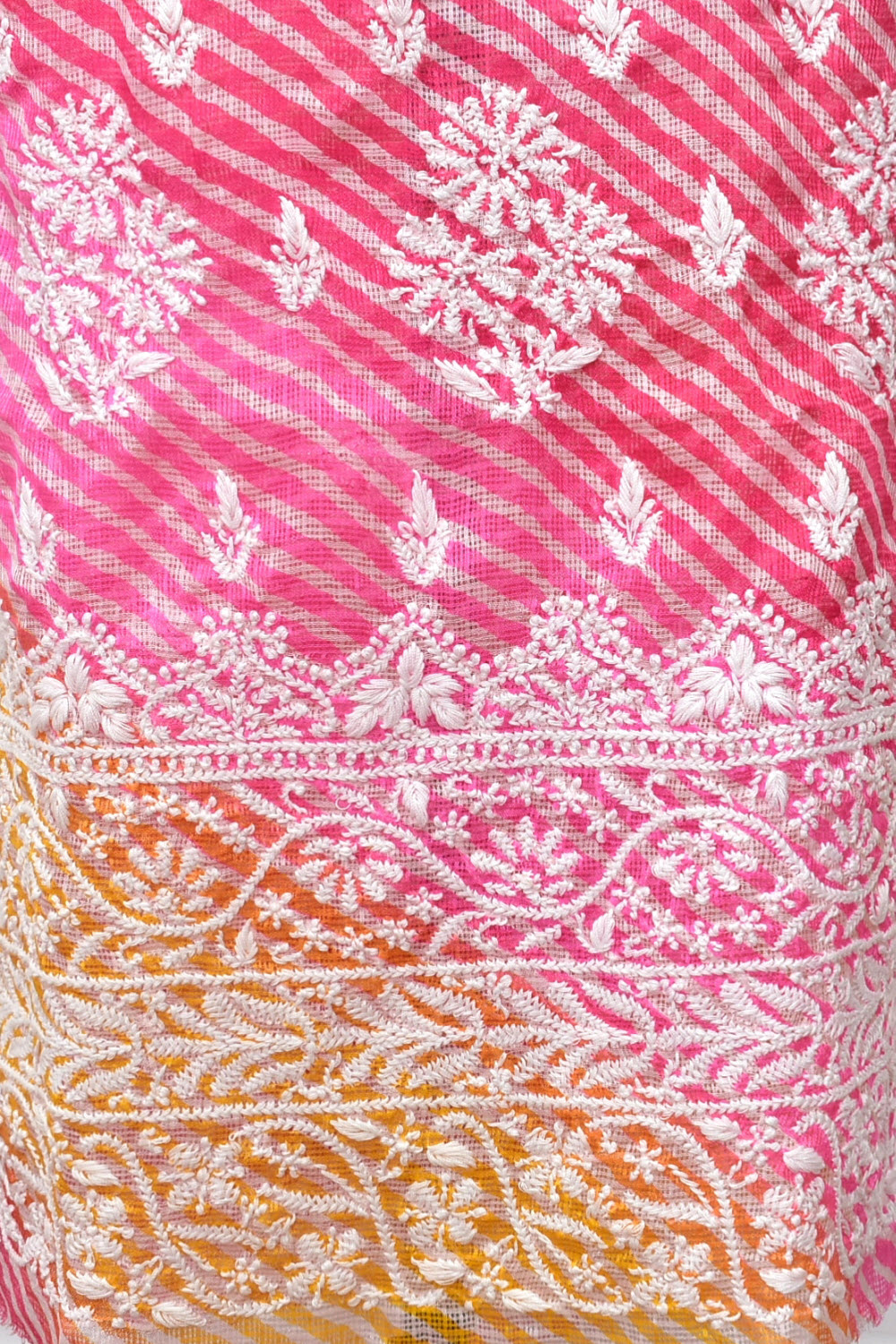 Pink-Yellow Lucknowi Chikankari Kota Cot-Silk Laharia Print Kurti Fabric 18120