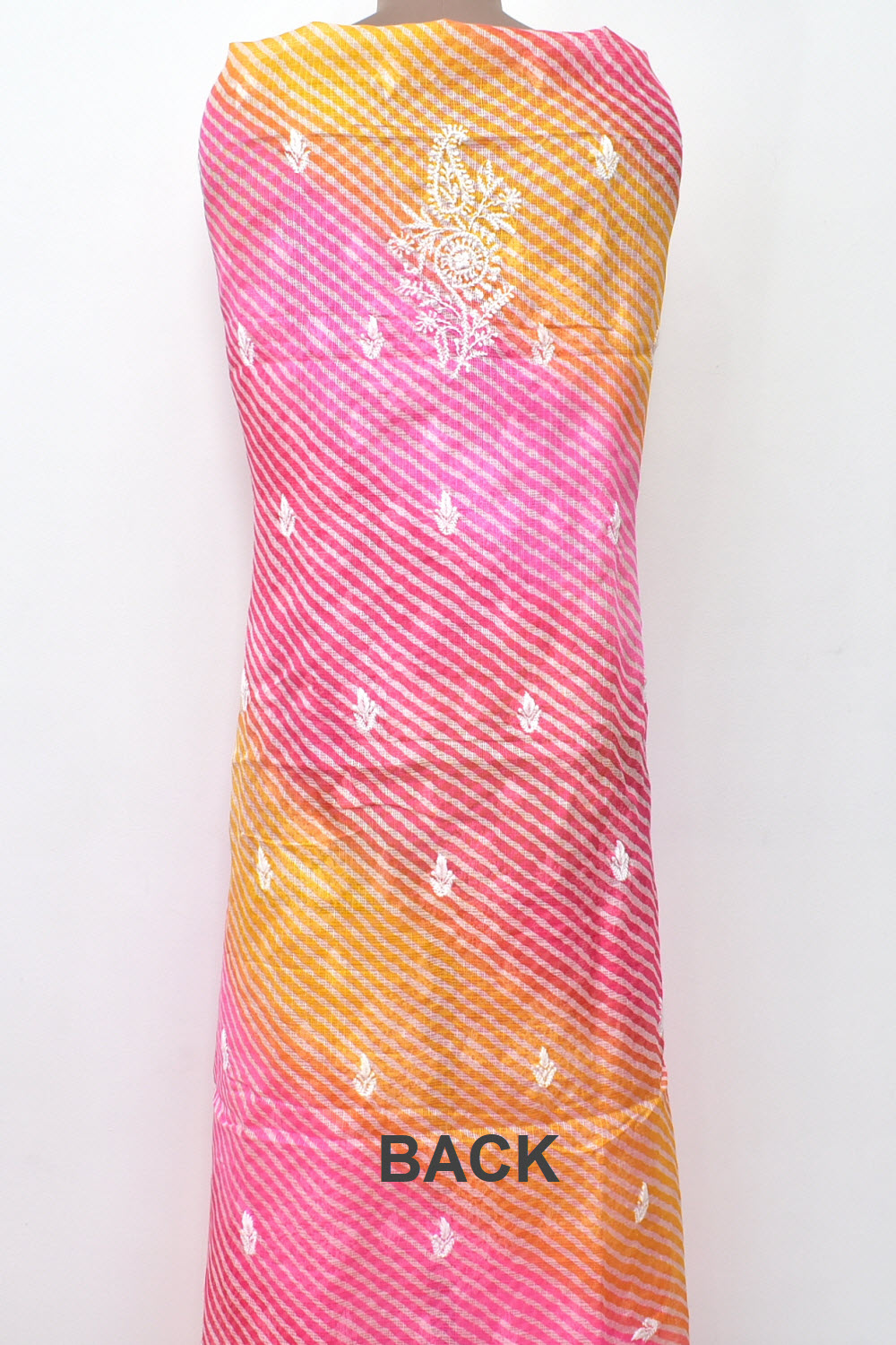Pink-Yellow Lucknowi Chikankari Kota Cot-Silk Laharia Print Kurti Fabric 18120