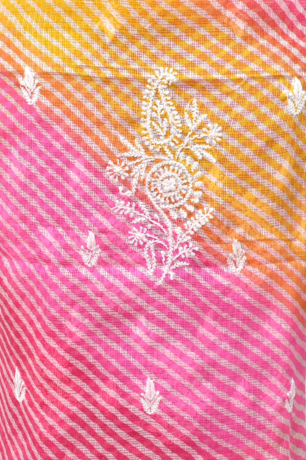 Pink-Yellow Lucknowi Chikankari Kota Cot-Silk Laharia Print Kurti Fabric 18120