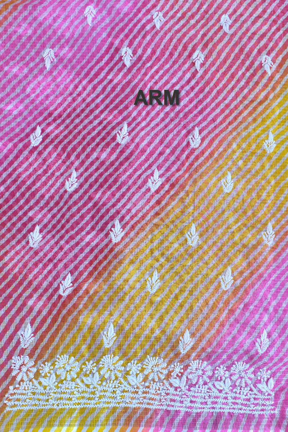 Pink-Yellow Lucknowi Chikankari Kota Cot-Silk Laharia Print Kurti Fabric 18120