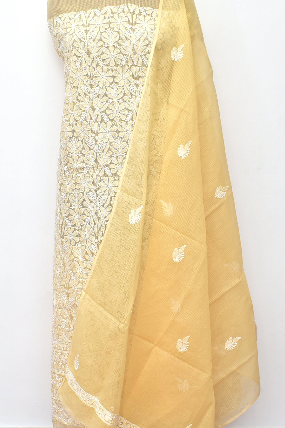 Fawn Hand Embroidered Chikankari Kota Cotton Kurti Fabric with Dupatta 18124