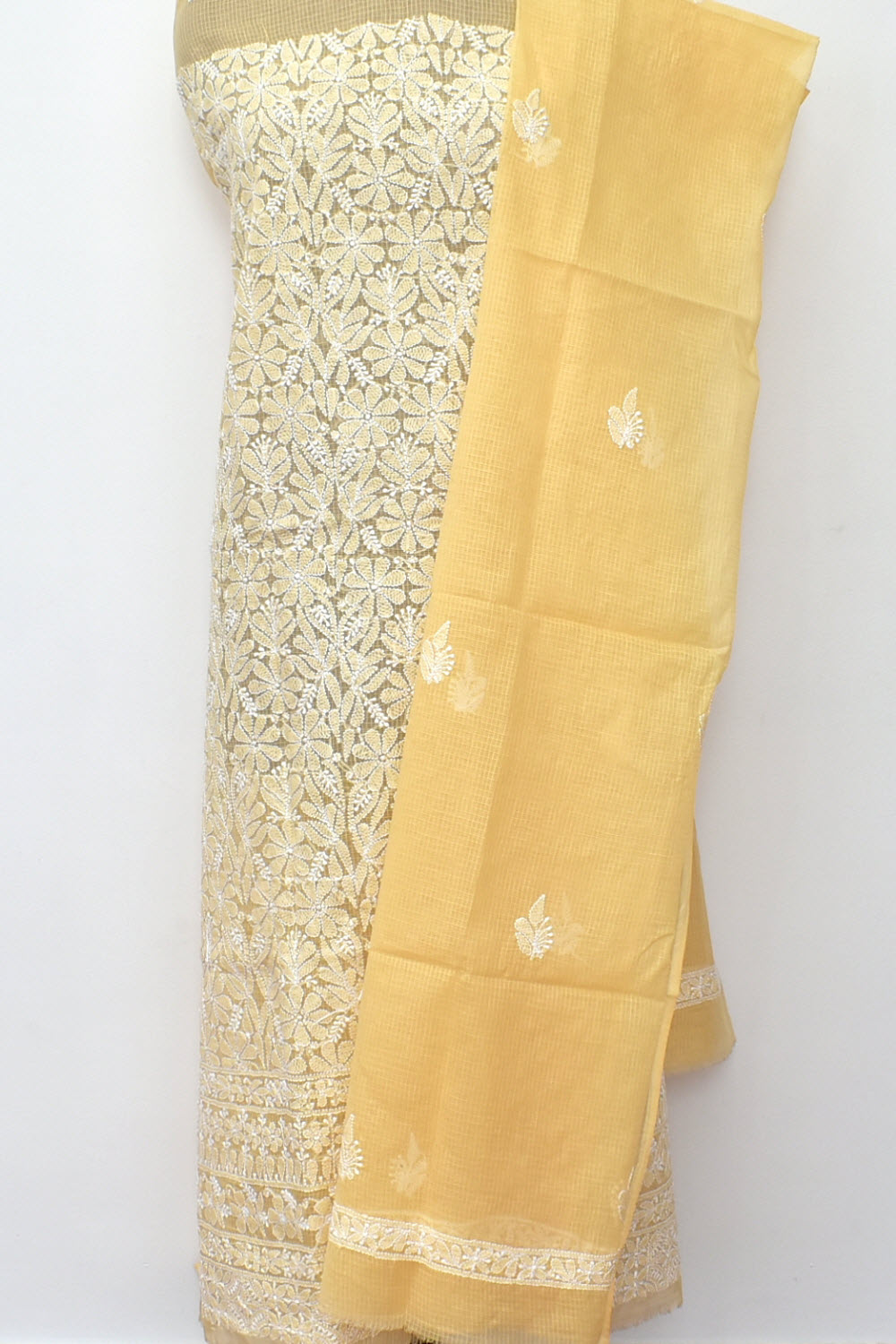 Fawn Hand Embroidered Chikankari Kota Cotton Kurti Fabric with Dupatta 18124