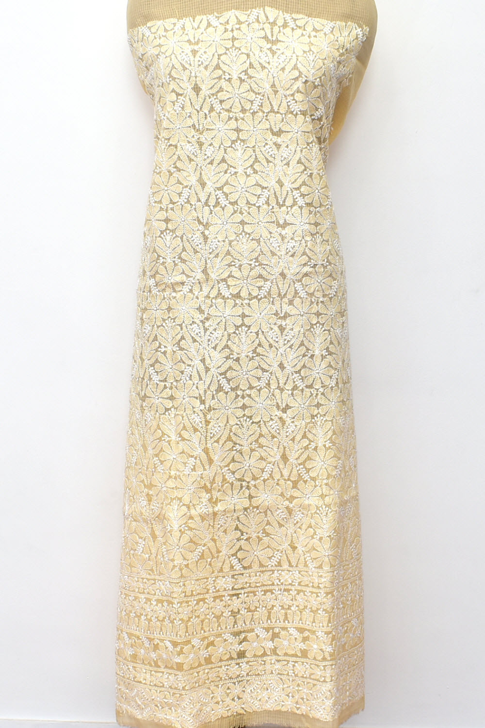 Fawn Hand Embroidered Chikankari Kota Cotton Kurti Fabric with Dupatta 18124
