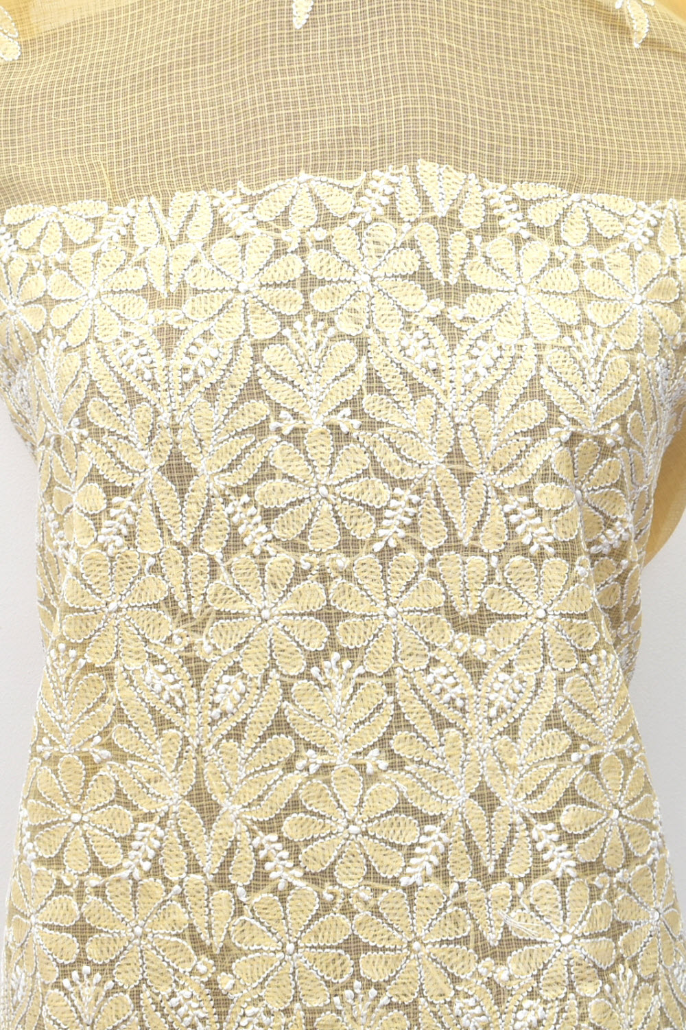 Fawn Hand Embroidered Chikankari Kota Cotton Kurti Fabric with Dupatta 18124