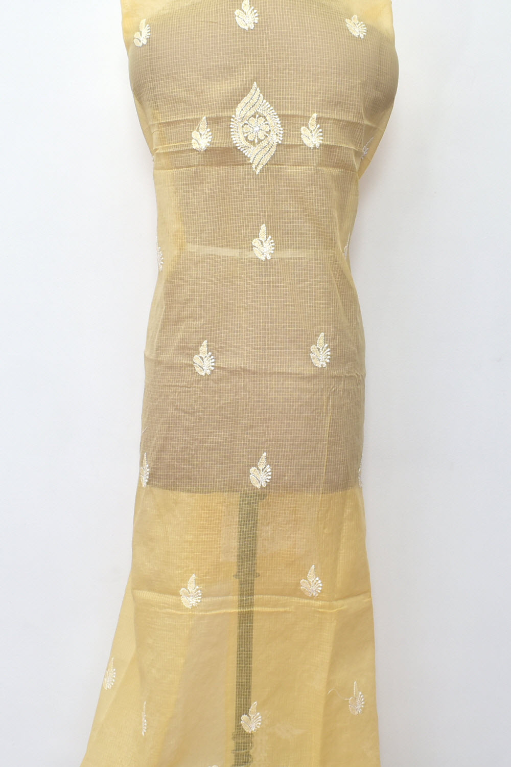 Fawn Hand Embroidered Chikankari Kota Cotton Kurti Fabric with Dupatta 18124