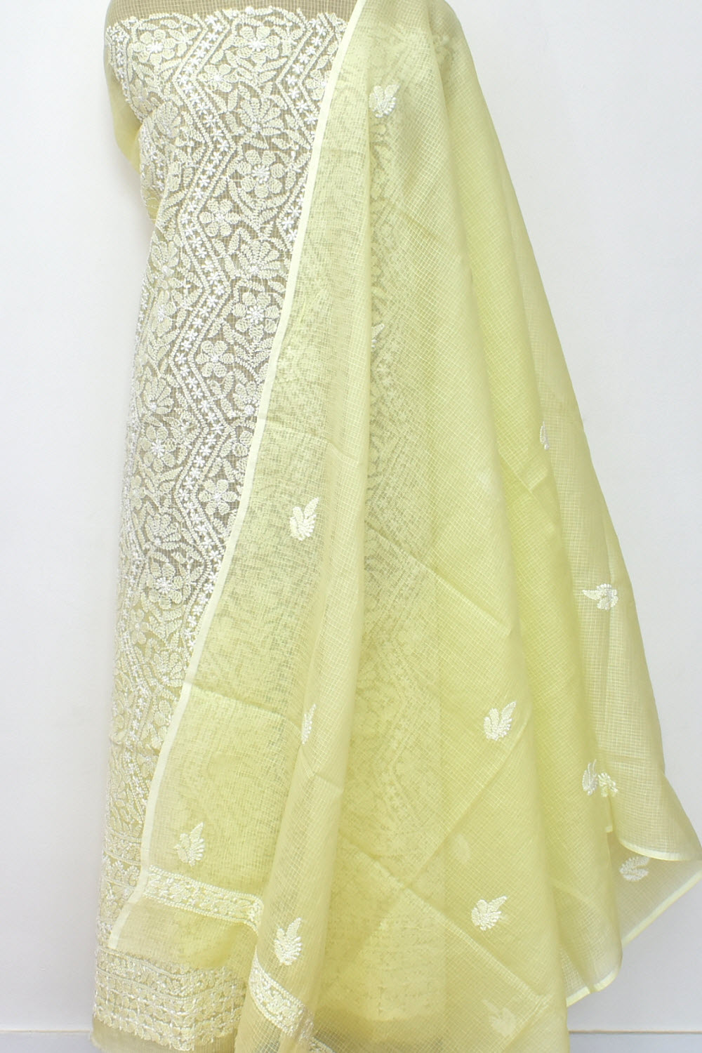 Cream Hand Embroidered Chikankari Kota Cotton Kurti Fabric with Dupatta 18125