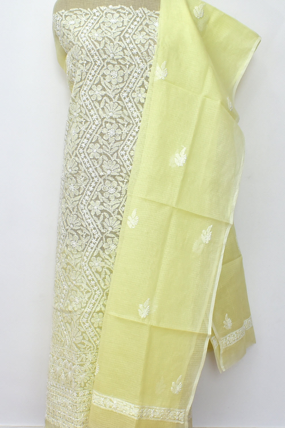 Cream Hand Embroidered Chikankari Kota Cotton Kurti Fabric with Dupatta 18125