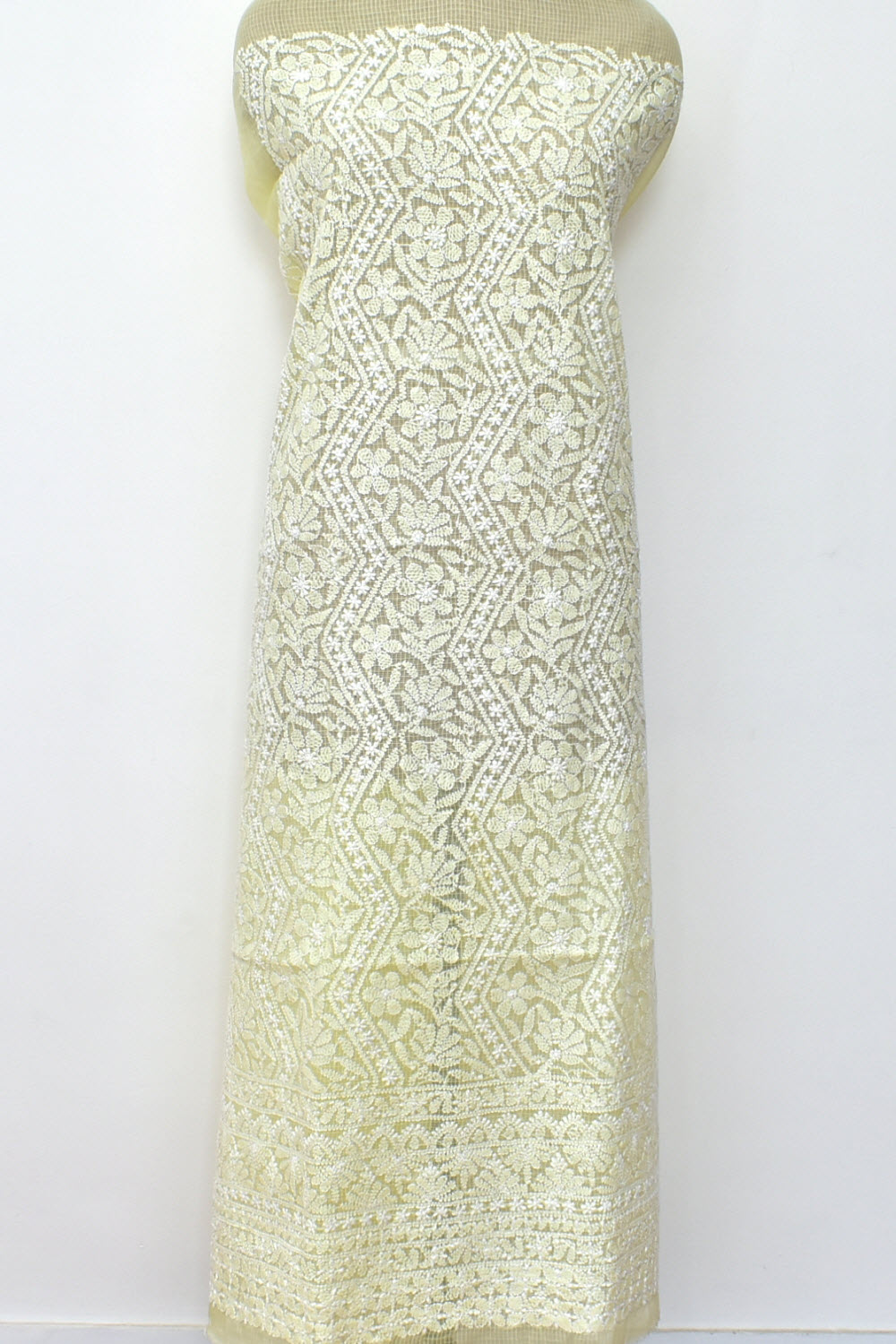 Cream Hand Embroidered Chikankari Kota Cotton Kurti Fabric with Dupatta 18125