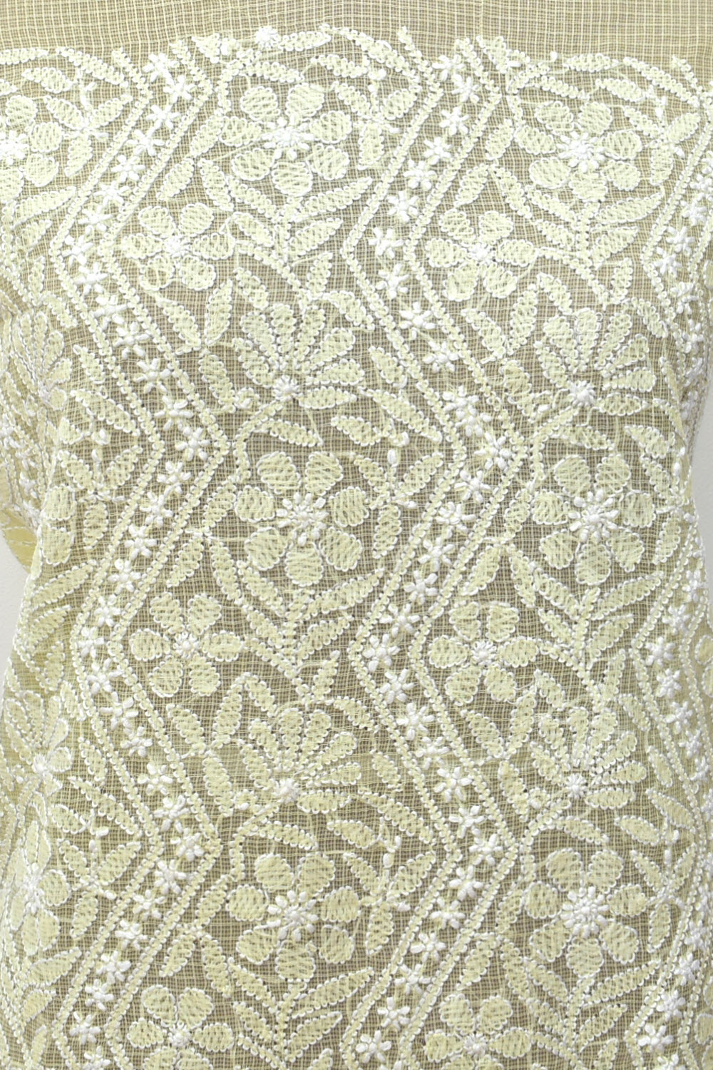 Cream Hand Embroidered Chikankari Kota Cotton Kurti Fabric with Dupatta 18125
