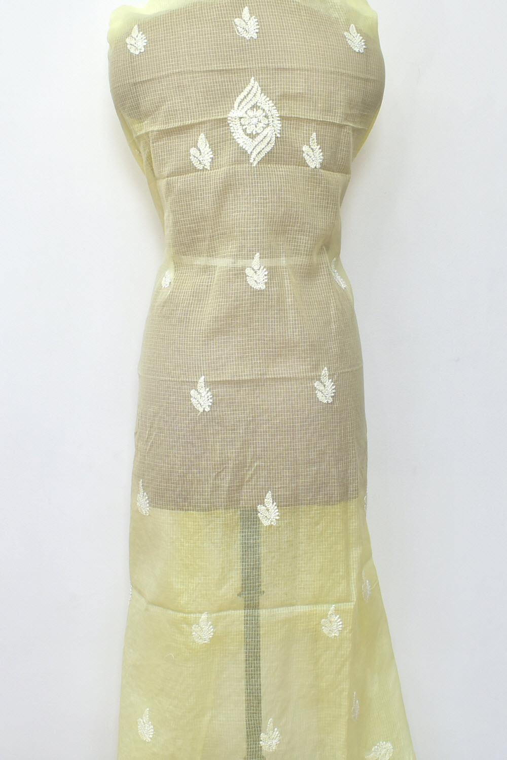 Cream Hand Embroidered Chikankari Kota Cotton Kurti Fabric with Dupatta 18125