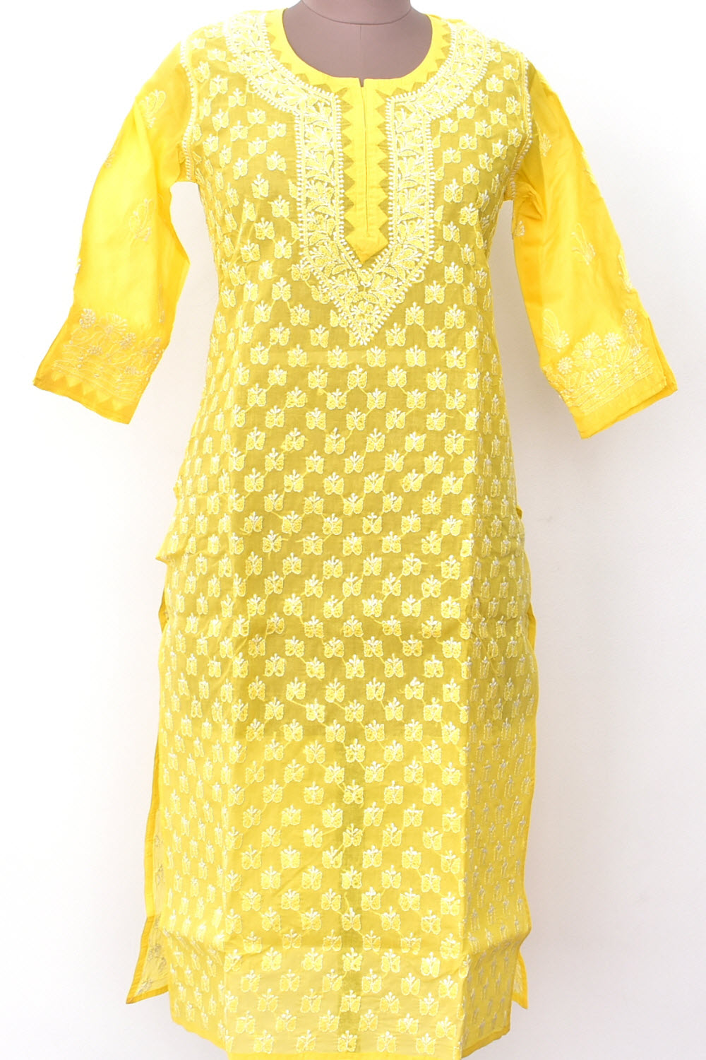 S 37 Yellow Allover Chikankari Stitched Cotton Kurti 18302