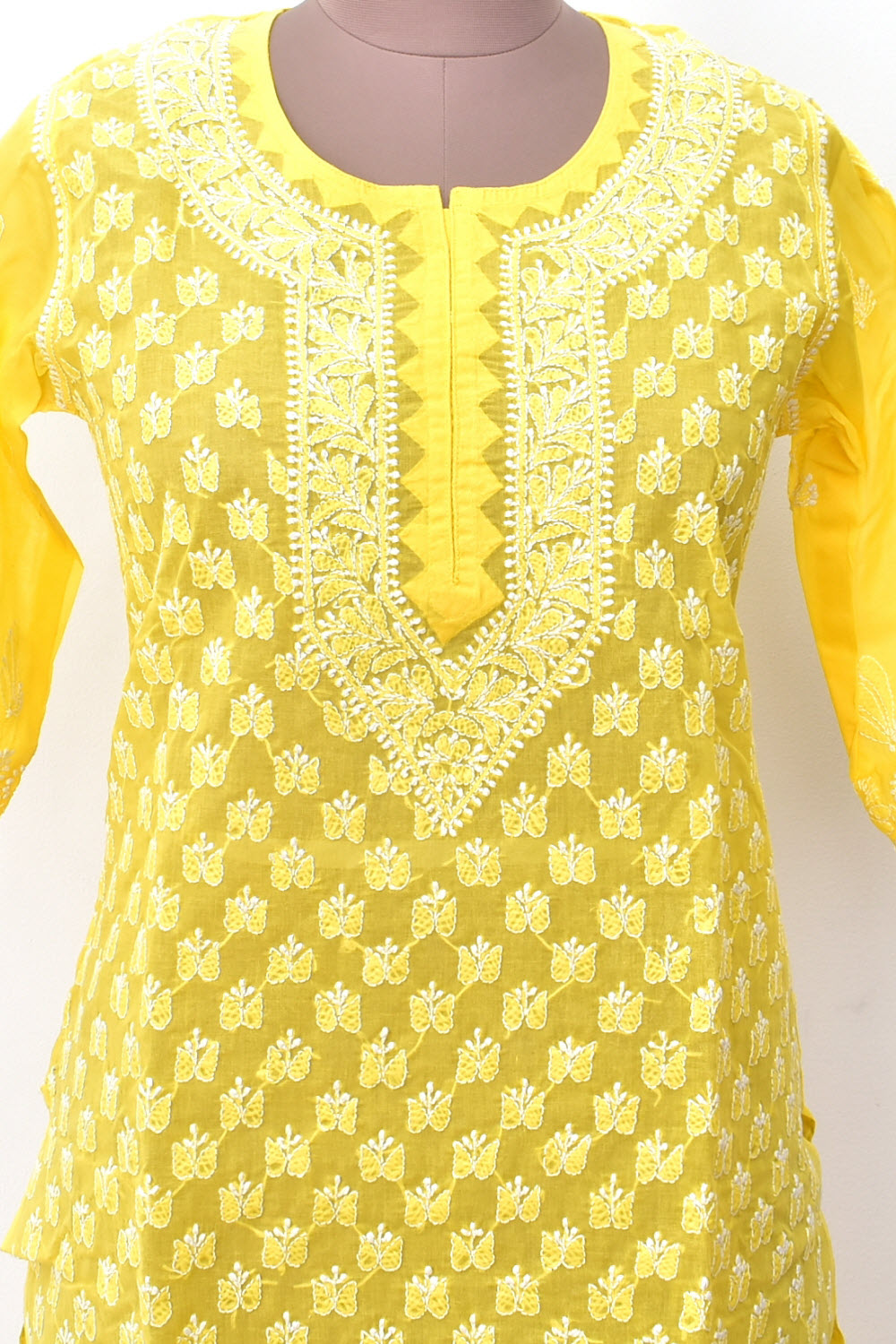 S 37 Yellow Allover Chikankari Stitched Cotton Kurti 18302