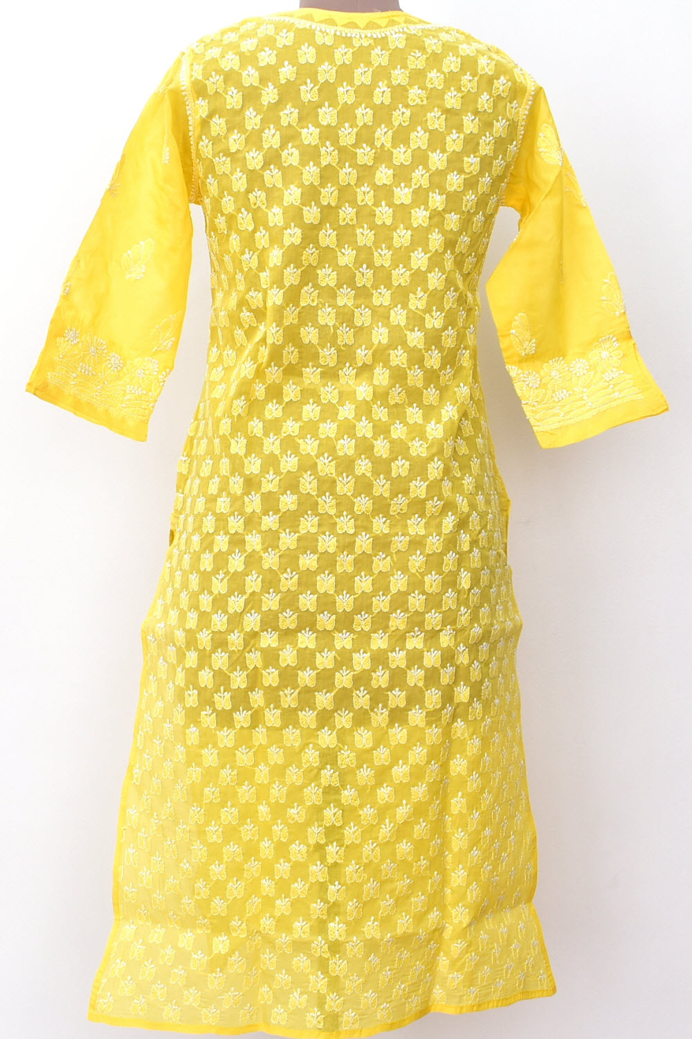 S 37 Yellow Allover Chikankari Stitched Cotton Kurti 18302