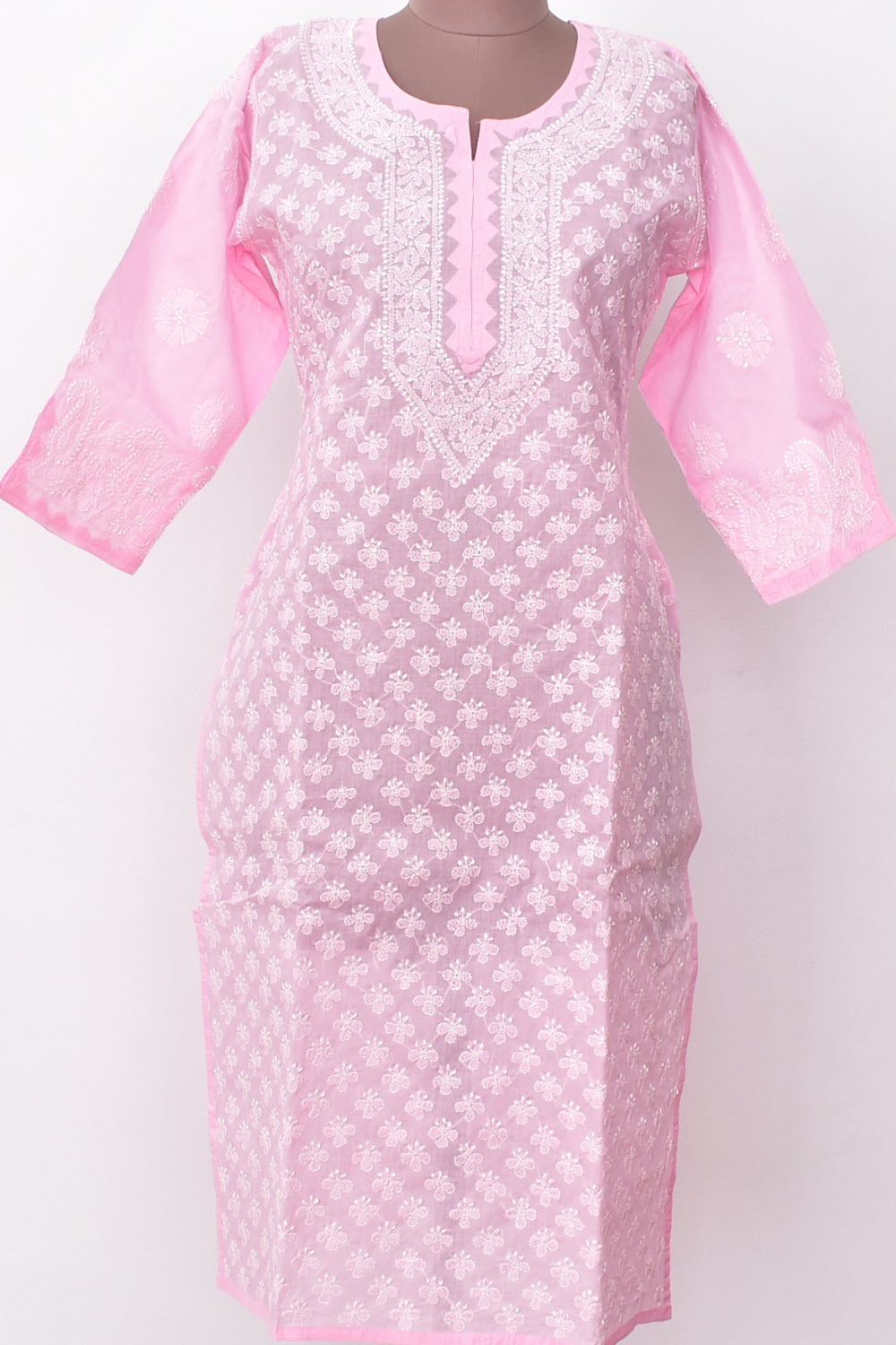 M 40 Baby Pink Allover Chikankari Stitched Cotton Kurti 18307