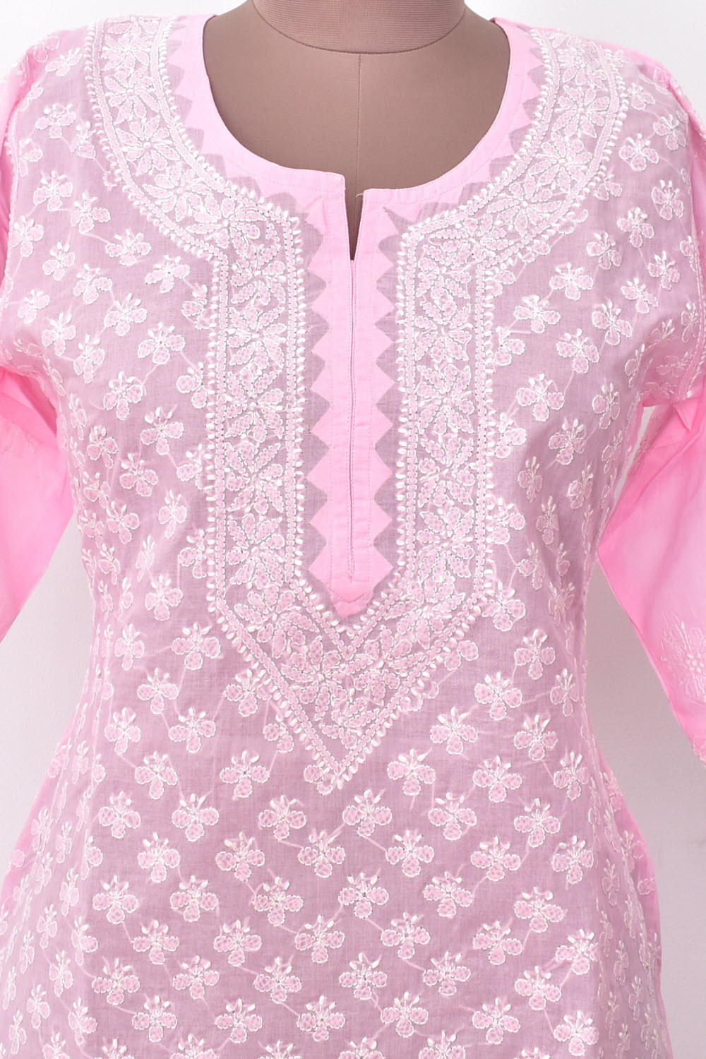 M 40 Baby Pink Allover Chikankari Stitched Cotton Kurti 18307