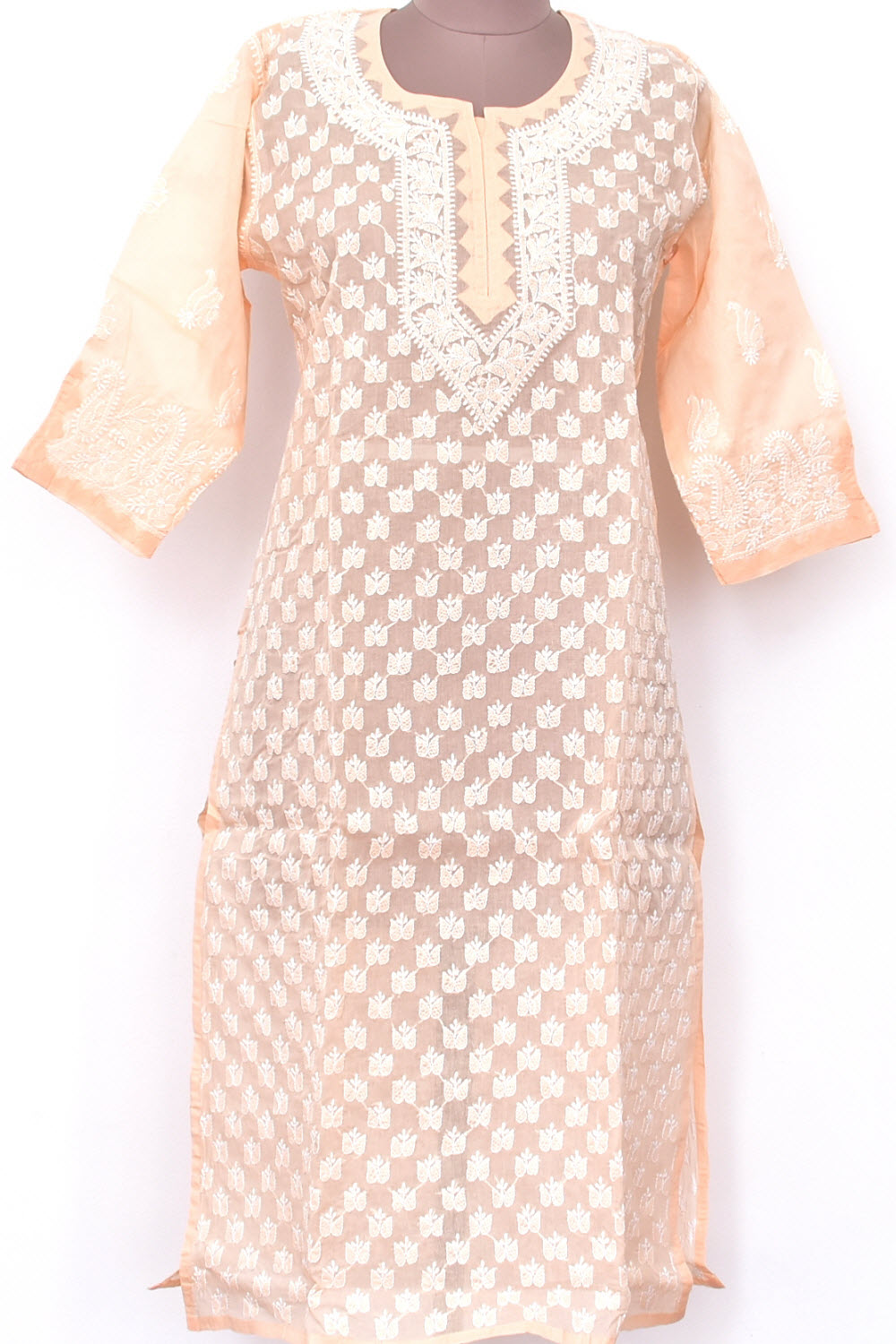 L 42 Light Peach Allover Chikankari Stitched Cotton Kurti 18309