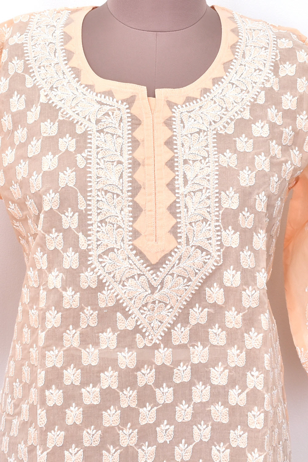 L 42 Light Peach Allover Chikankari Stitched Cotton Kurti 18309